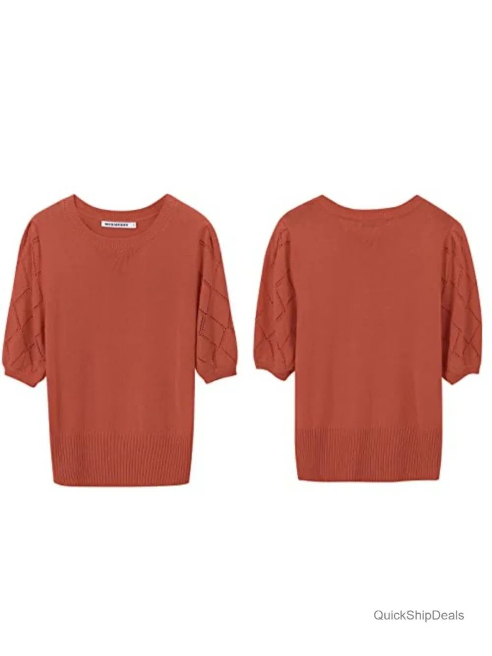 Ultra Soft Knit Crochet Crewneck Short Sleeve Pullover Blouse